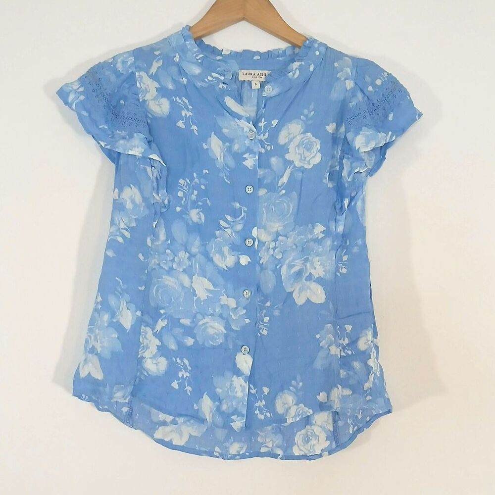 Laura Ashley Floral Flutter Sleeve Blouse Small S Blue Cottagecore Ruffle Top